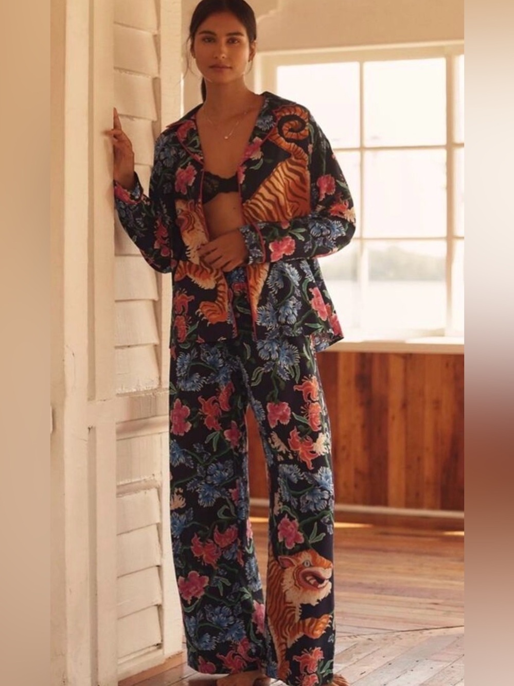 2 pc Set LyreBird Cloud Flannel Pajama Top and Pants Set Anthropologie Tiger